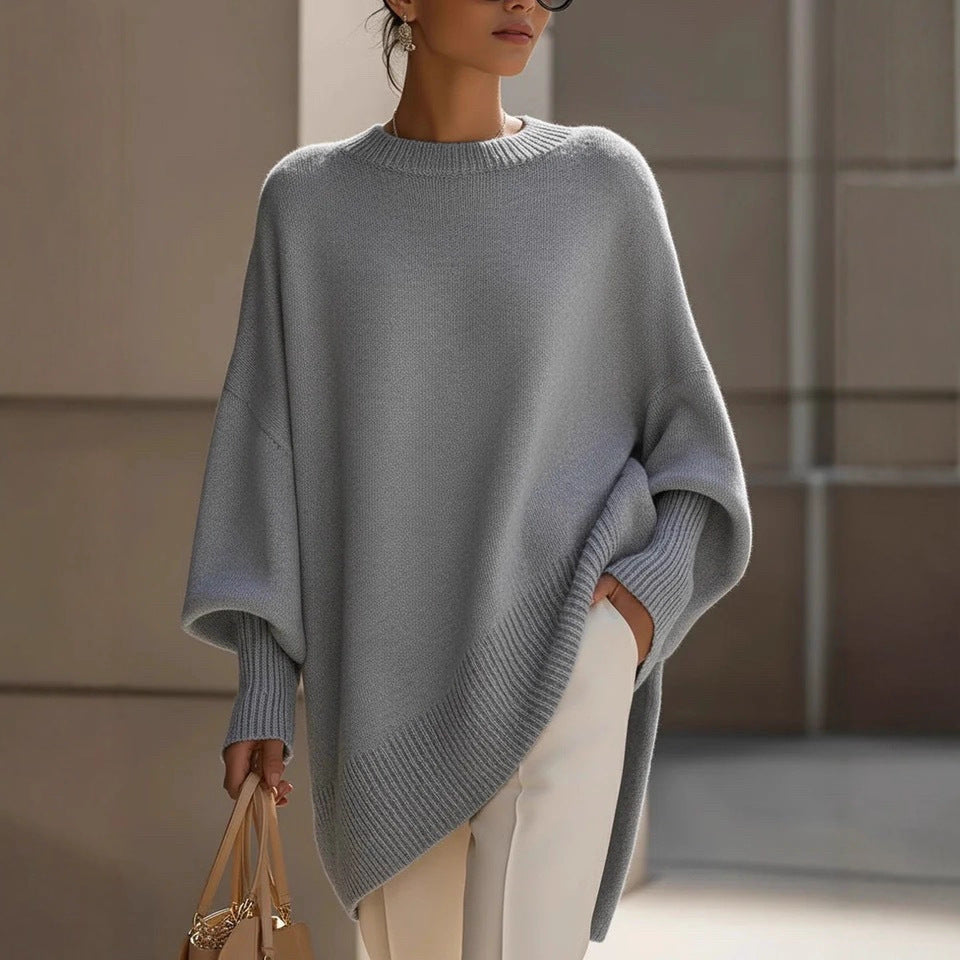 Damen nan Oversize Strickponcho mit asymmetrischem Saum und gerippten Ärmeln Drune