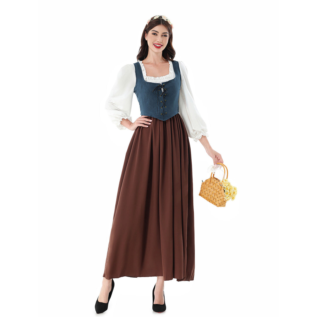 Damen nan historisches Mittelalterkleid mit geschnürter Miederweste, rüschiger Bluse und weitem Maxirock Drune