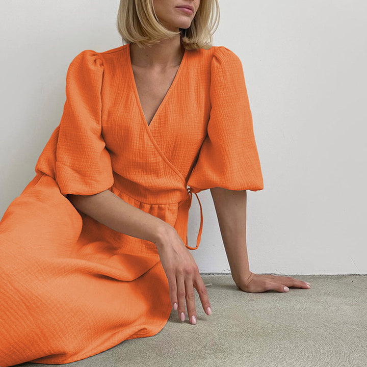 Damen Wickelkleid mit voluminösen Ärmeln und elegantem V-Ausschnitt Drune