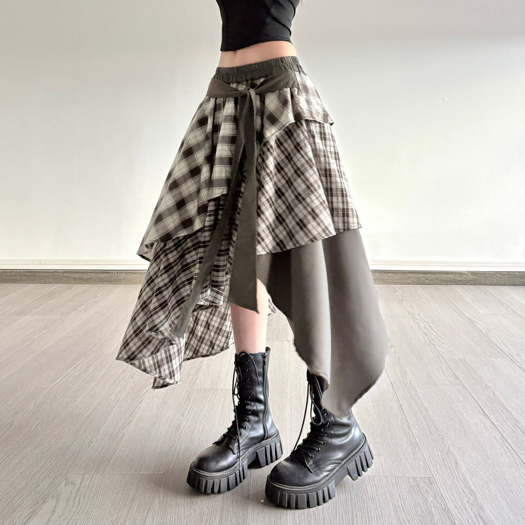 Damen asymmetrischer Wickelrock mit Karomuster und breitem Bindegürtel Drune