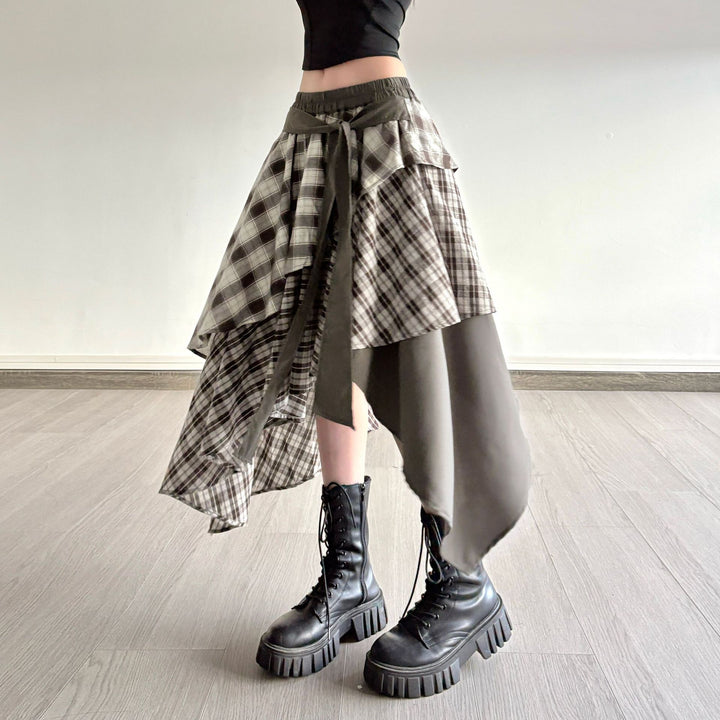 Damen asymmetrischer Wickelrock mit Karomuster und breitem Bindegürtel Drune