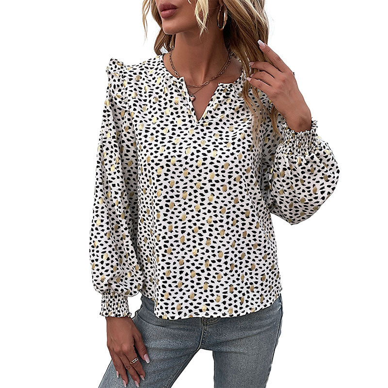 Damen Leichte Viskose-Optik Bluse mit V-Schlitz, Volumenärmeln & Smokbündchen Drune