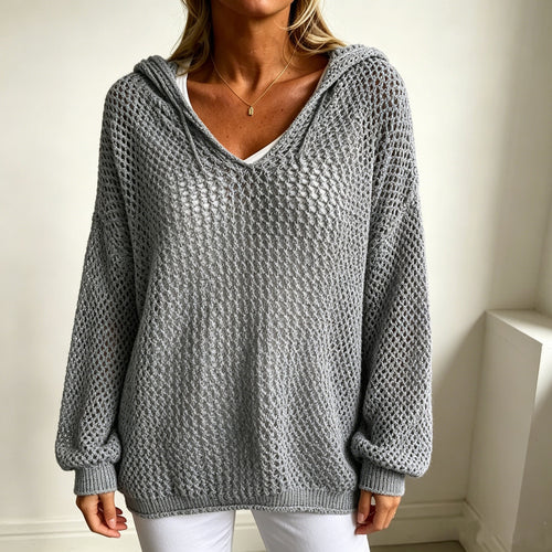 Damen Grobgestrickter V-Ausschnitt-Pullover mit Kapuze und Lochmuster Drune