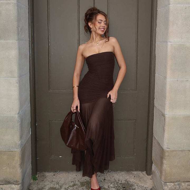 Damen Elegantes Maxikleid mit gerafftem Oberteil und transparentem Rock Drune