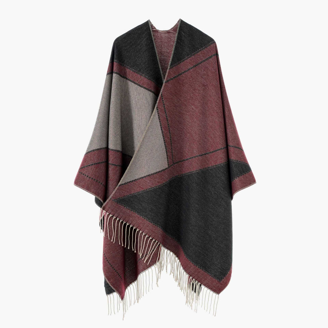 Damen Großer Wollmix Fransenponcho mit diagonalen Kontraststreifen Drune