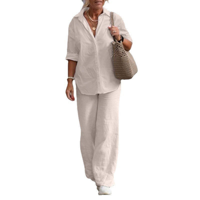 Damen Leichtes Leinen-Loungewear-Set mit offenem Hemdkragen und weiter Palazzohose Drune