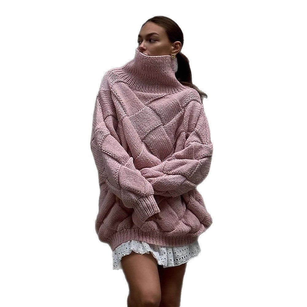 Damen Oversize Strickpullover mit Rollkragen, Zopfmuster und voluminösen Ballonärmeln Drune