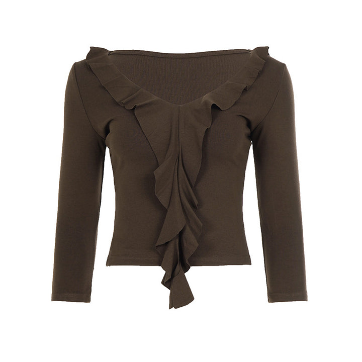 Damen nan tailliertes Langarmshirt mit tiefem V-Ausschnitt und eingesetzter Volant-Rüsche Drune