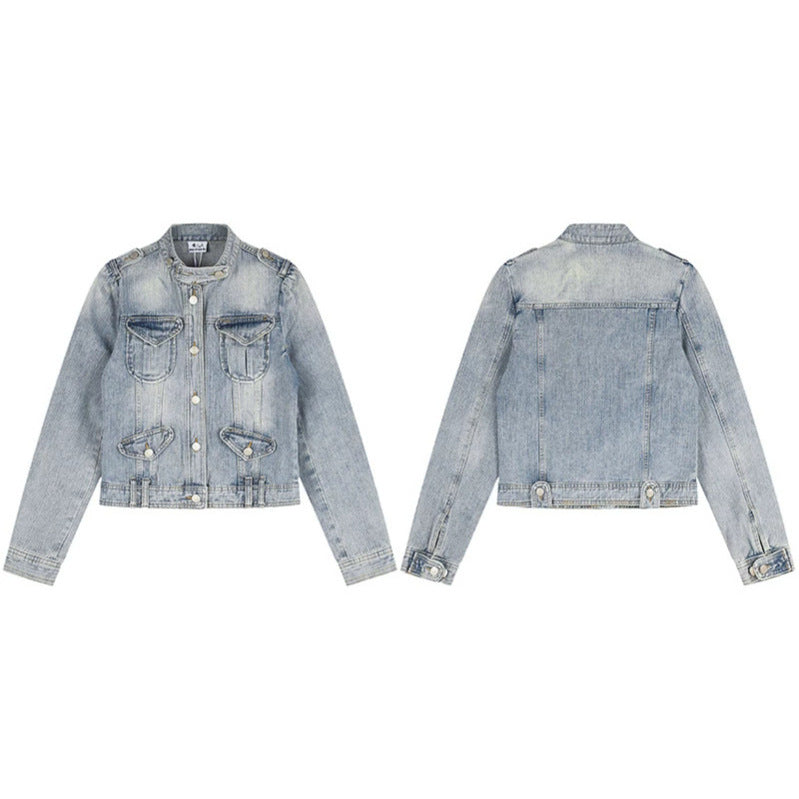 Damen Kurze Jeansjacke im Military-Stil mit Stehkragen, Schulterklappen und Pattentaschen Drune
