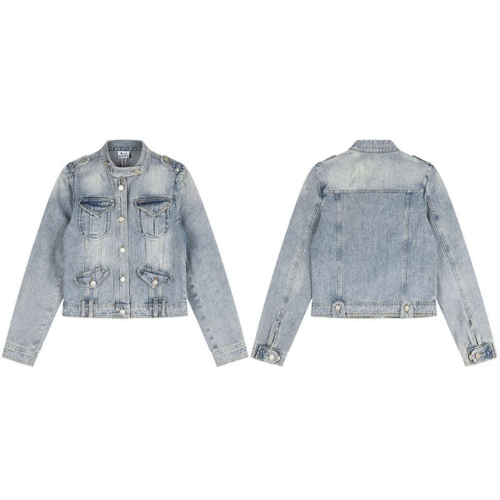 Damen Kurze Jeansjacke im Military-Stil mit Stehkragen, Schulterklappen und Pattentaschen Drune