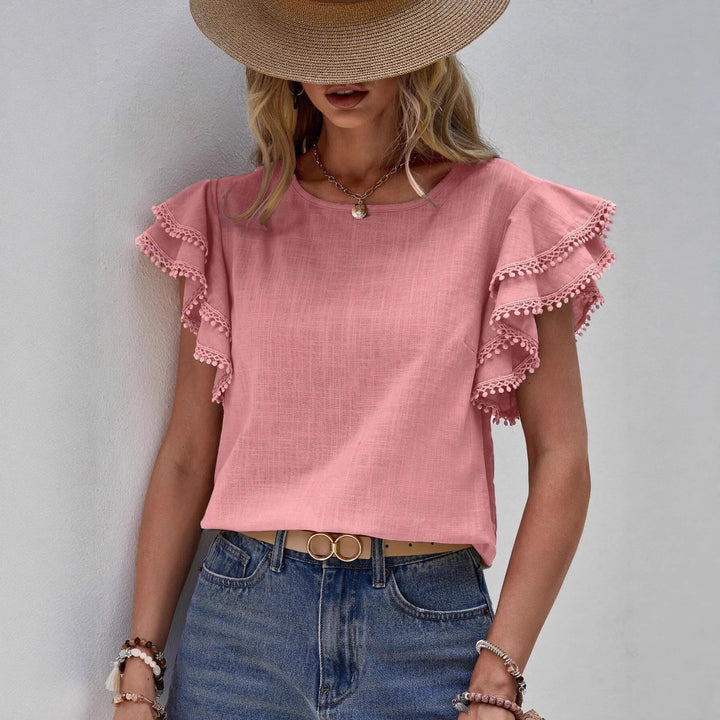 Damen Bluse mit Volantärmeln und Pompon-Spitzenbesatz Drune