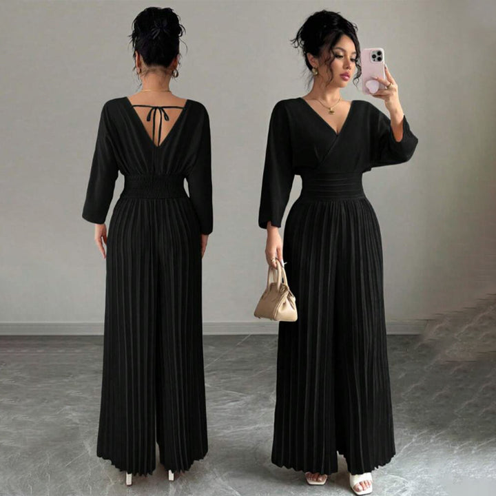Damen Eleganter Plissee-Jumpsuit mit V-Ausschnitt Drune
