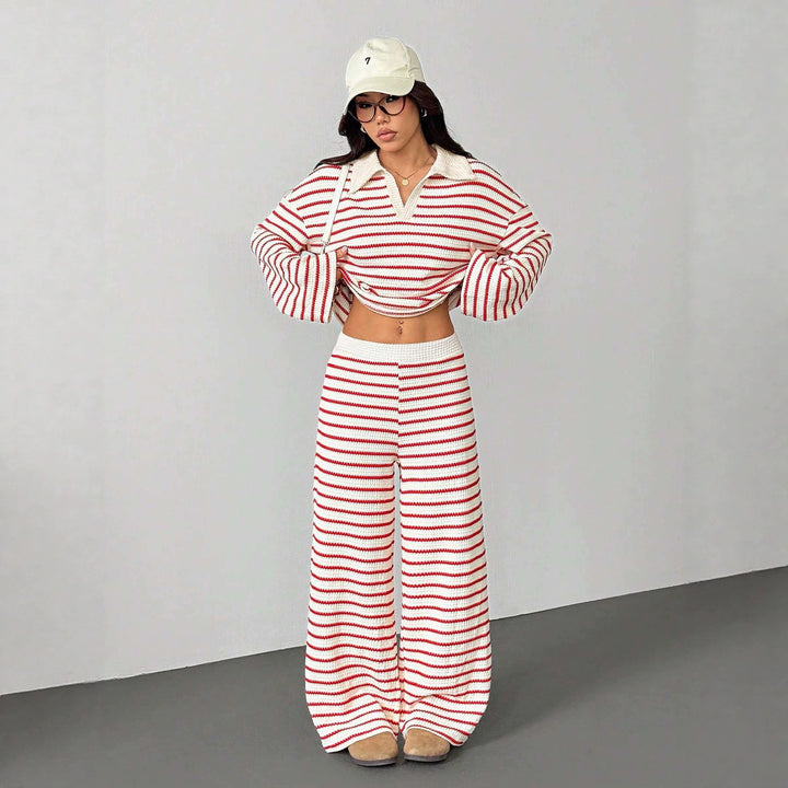 Damen Gestreiftes Strick-Set aus Polokrippenpullover und weiten Palazzo-Strickhose Drune