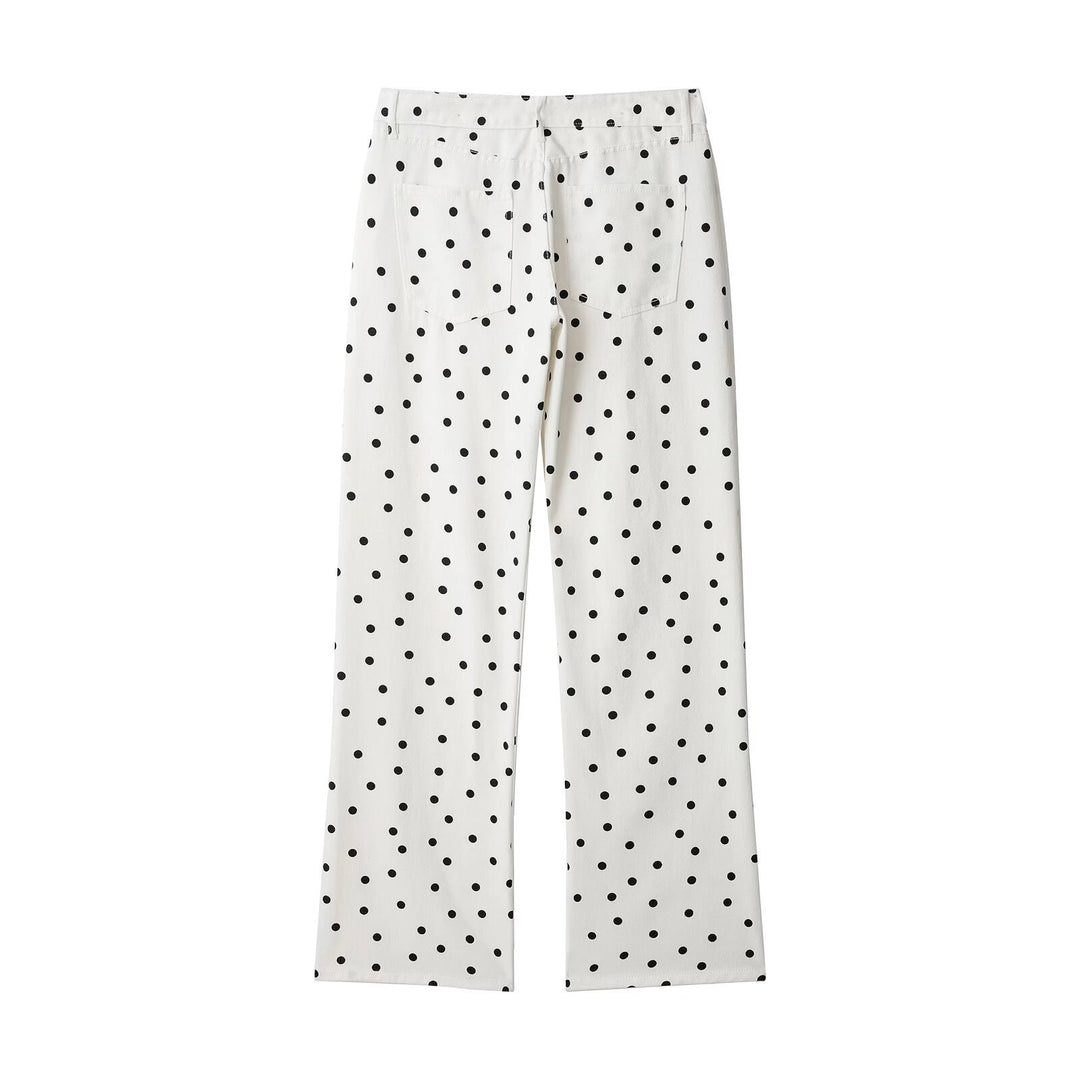 Damen Jeanshose mit weitem Bein, hohem Bund und Polka‑Dot‑Print Drune
