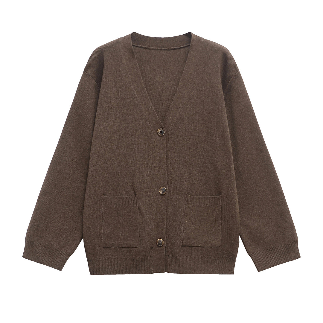Damen 200+ Oversize Feinstrick‑Cardigan mit V‑Ausschnitt, Holzknöpfen und aufgesetzten Taschen Drune