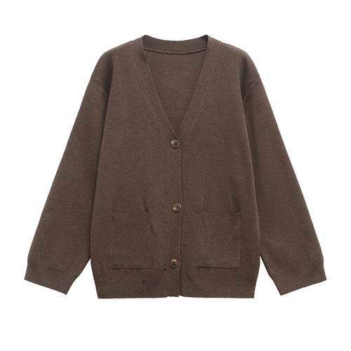 Damen 200+ Oversize Feinstrick‑Cardigan mit V‑Ausschnitt, Holzknöpfen und aufgesetzten Taschen Drune