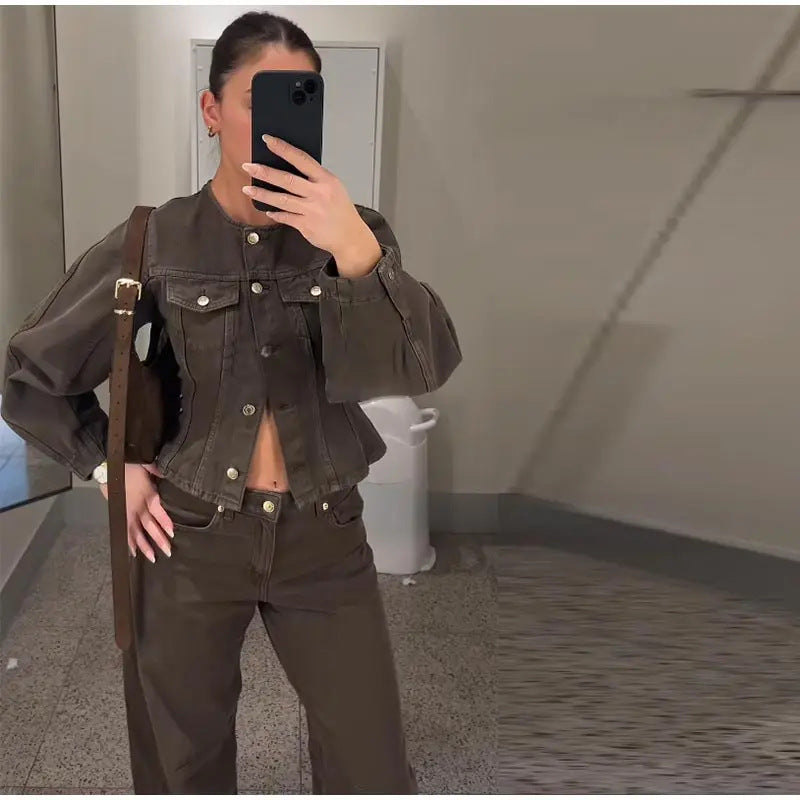 Damen Modische Jeansjacke mit Puffärmeln und dekorativen Knöpfen Drune