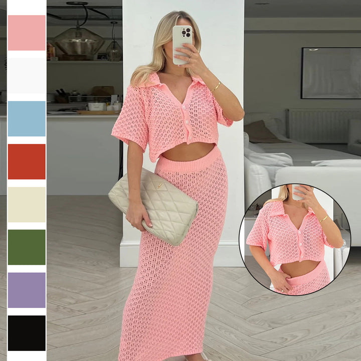 Damen Strick-Set mit offenem Cardigan und maxi Rock Drune