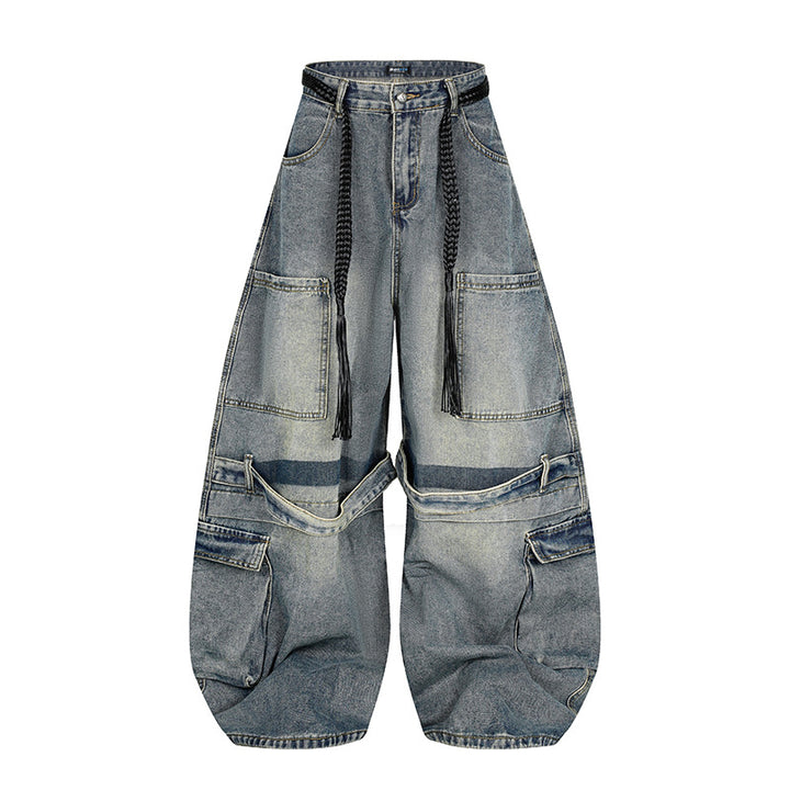 Damen Weite Denim-Cargo-Hose im Balloon-Schnitt mit großen Aufsatztaschen und geflochtenem Gürtel Drune