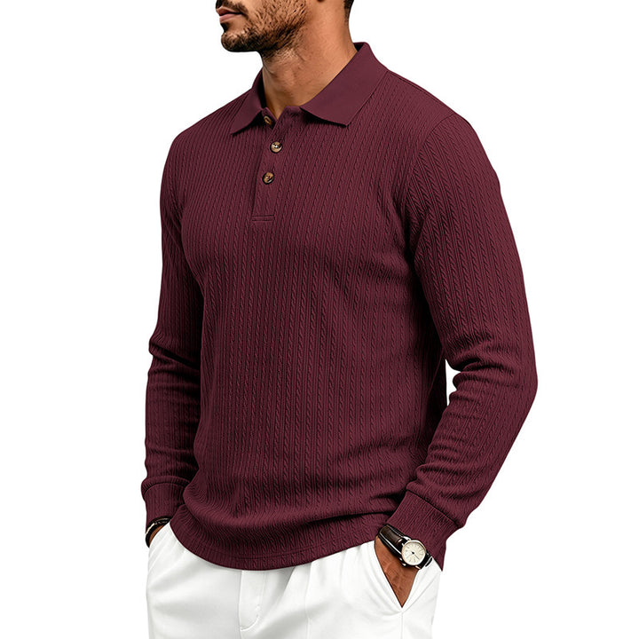 Herren Langärmeliges Strickpoloshirt mit Zopfmuster und Knopfleiste Drune
