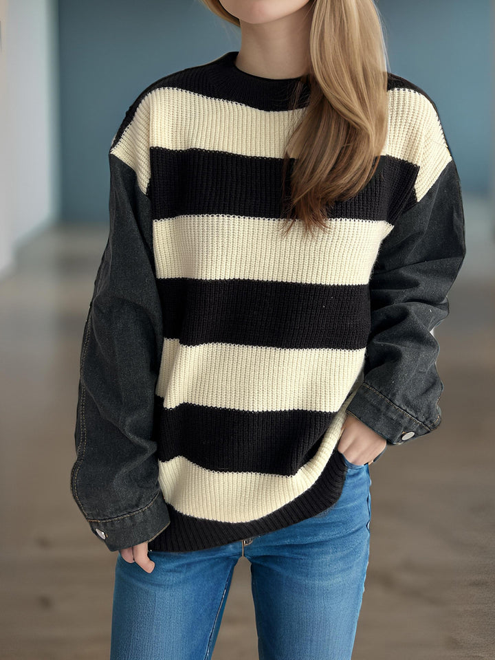 Damen lässiger Strickpullover mit auffälligem Blockstreifenmuster und weiten Ärmeln Drune