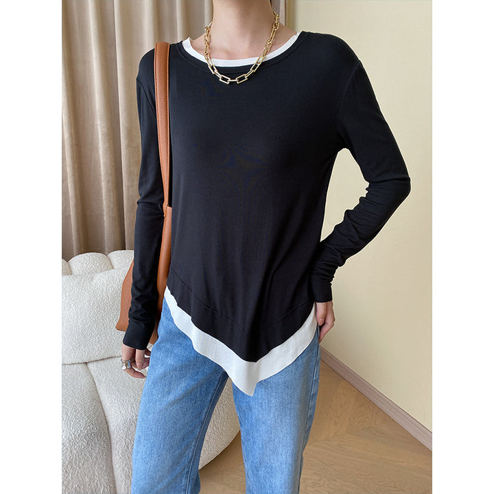 Damen lässiges Langarmshirt mit asymmetrischem Saum und feinem Material Drune