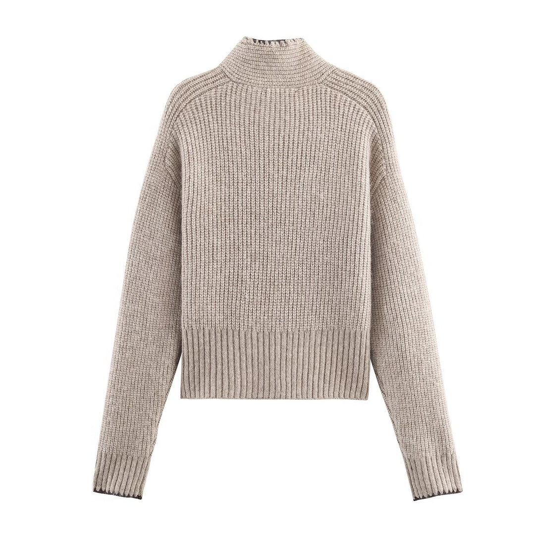 Damen Kurzgeschnittener Rippstrick-Pullover mit Hochkragen und integrierter Knoten-Schal Drune