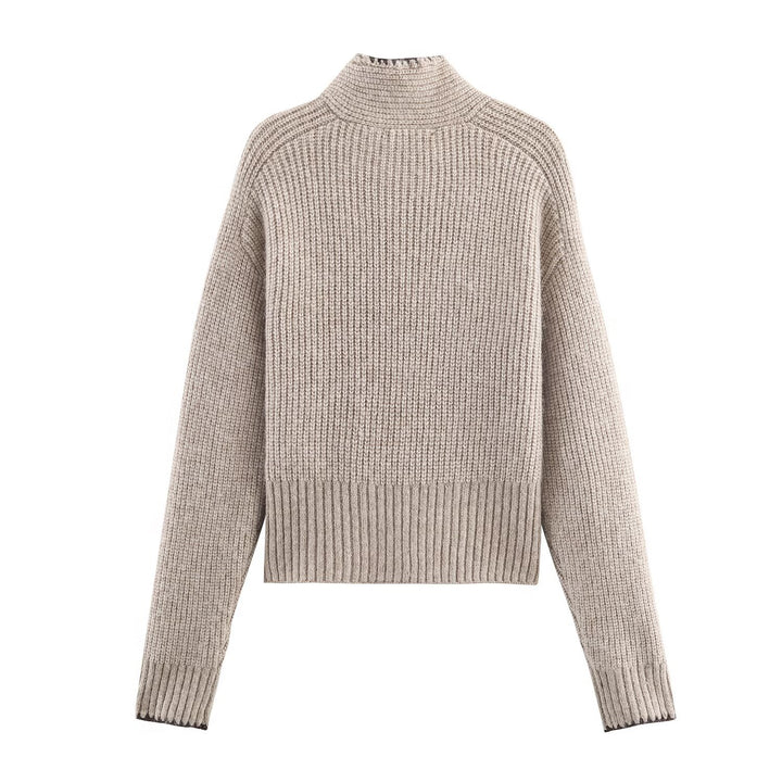 Damen Kurzgeschnittener Rippstrick-Pullover mit Hochkragen und integrierter Knoten-Schal Drune