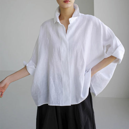 Damen Weite Boxy-Leinenbluse mit verdeckter Knopfleiste, Stehkragen und krempelbaren Ärmeln Drune
