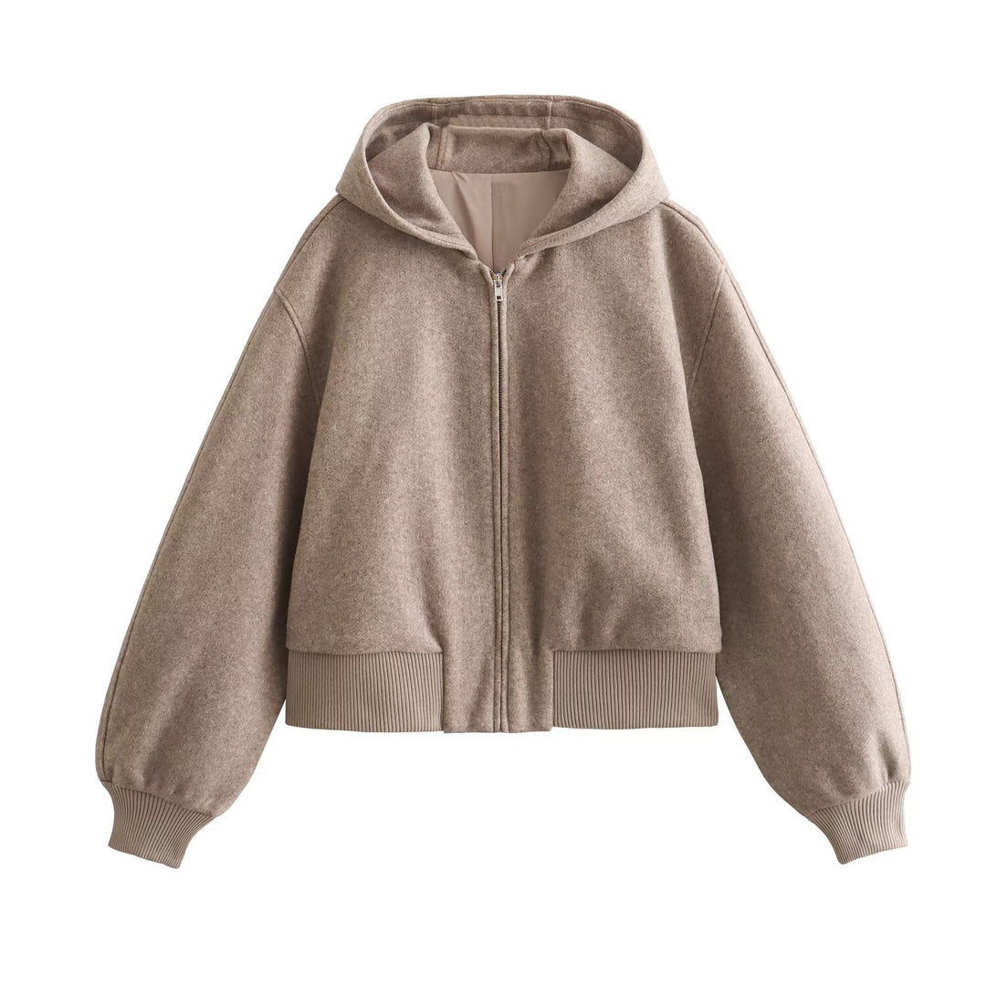 Damen Kurze Oversized Wollmix-Kapuzenjacke mit Ballonärmeln und Rippbündchen Drune