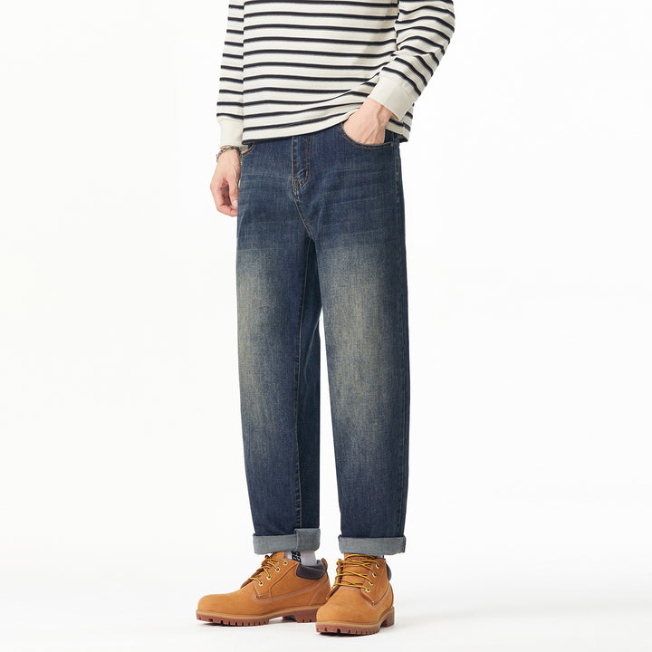 Herren Weite gerade geschnittene Denim-Jeans mit Used‑Wash und Umschlagbund Drune