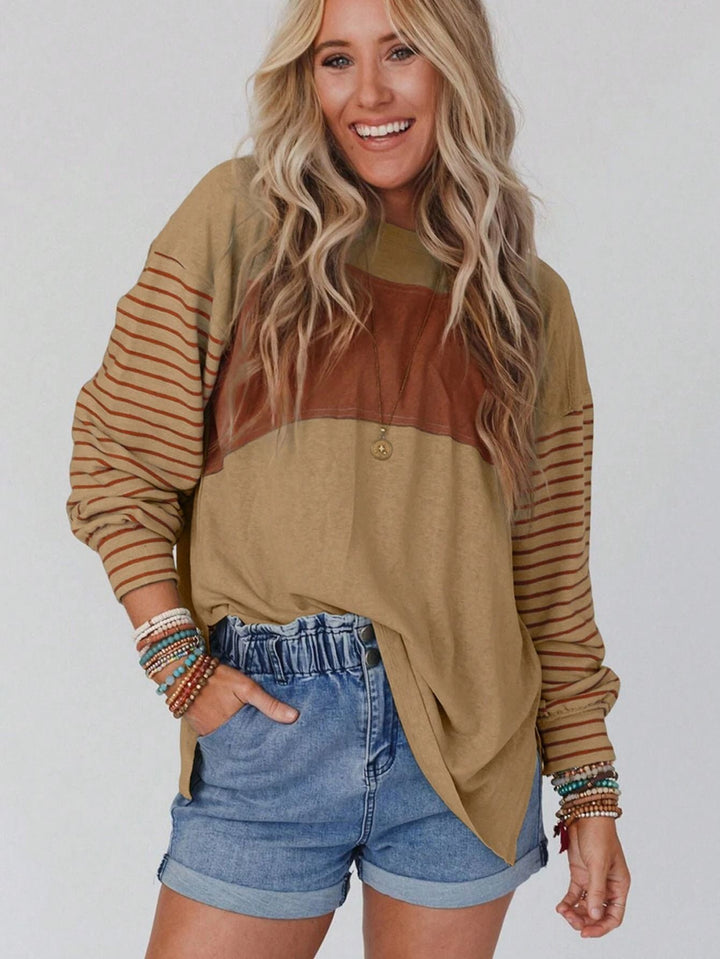Damen Oversize-Longsleeve mit Colorblock, gestreiften Ärmeln und Rundhalsausschnitt Drune