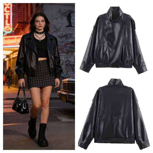 Damen modische Kunstlederjacke mit elegantem Revers Drune