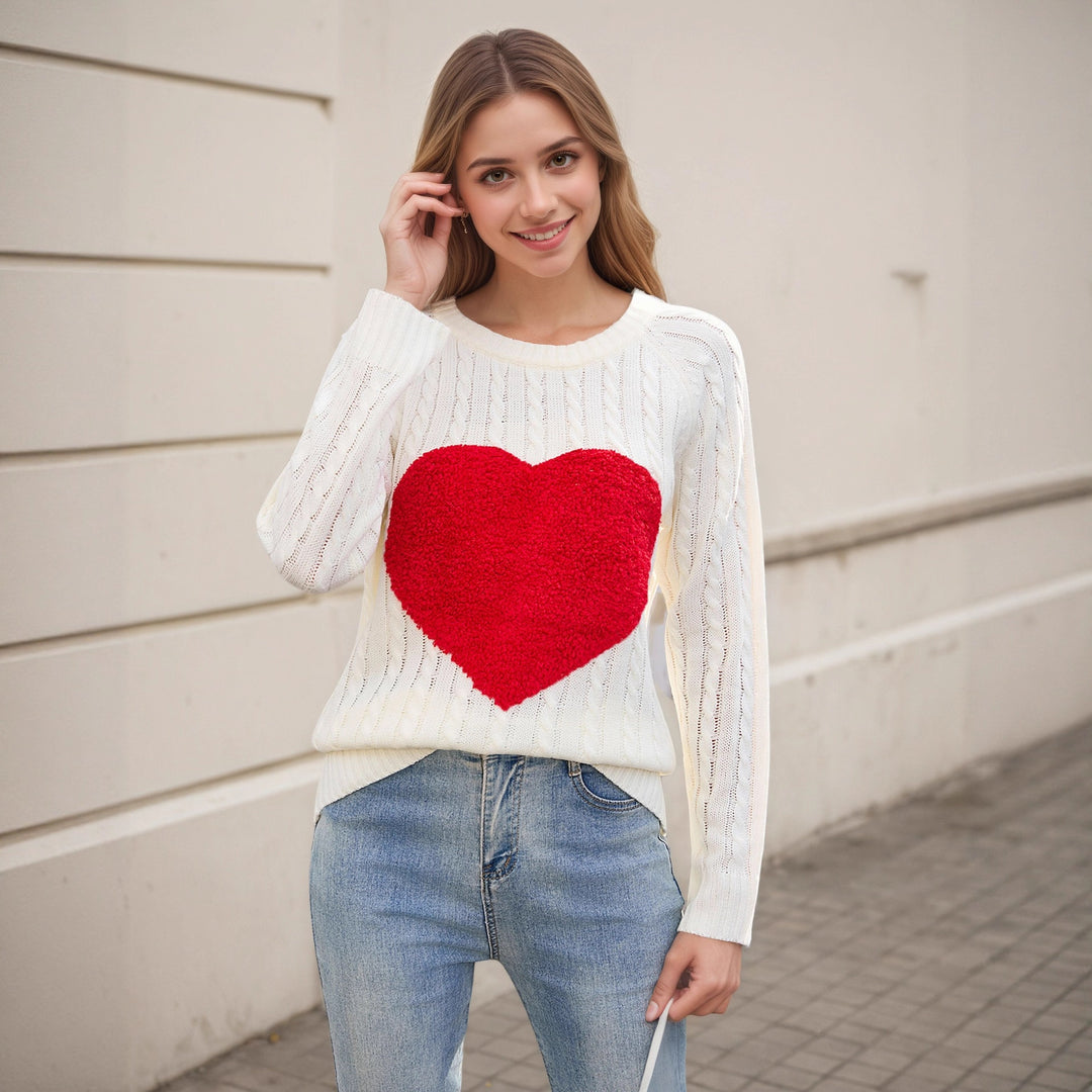 Damen Strickpullover mit Herz-Applikation und luftiger Maschenstruktur Drune