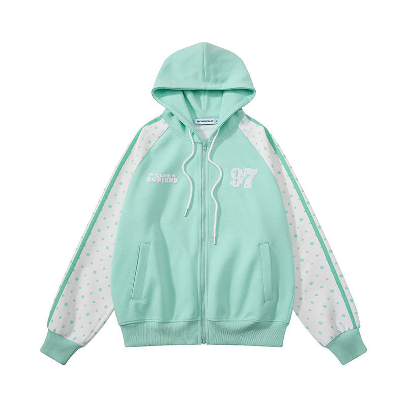 Damen Kapuzen‑Sweatjacke mit durchgehendem Reißverschluss, Raglanärmeln und Polka‑Dot‑Einsätzen Drune