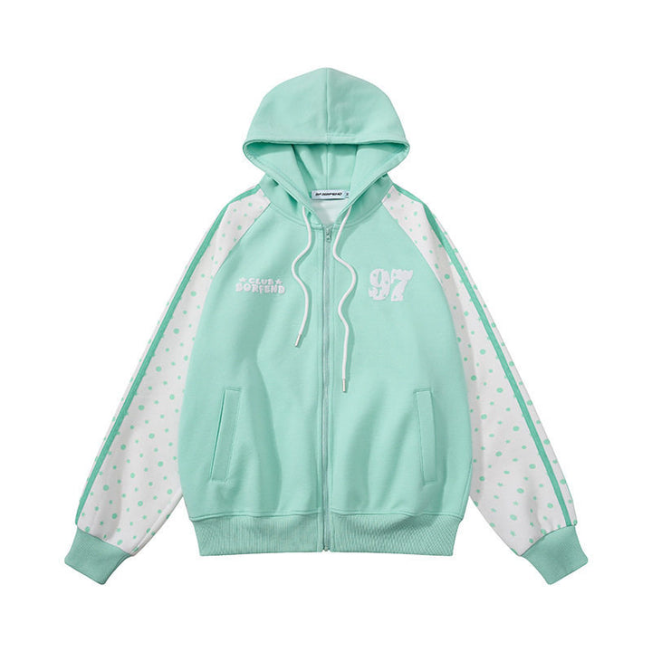 Damen Kapuzen‑Sweatjacke mit durchgehendem Reißverschluss, Raglanärmeln und Polka‑Dot‑Einsätzen Drune