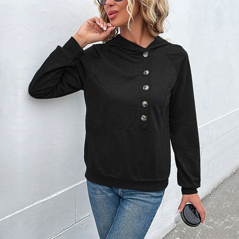 Damen Kapuzenpullover mit Zierknopfleiste, Raglanärmeln und Kängurutasche Drune