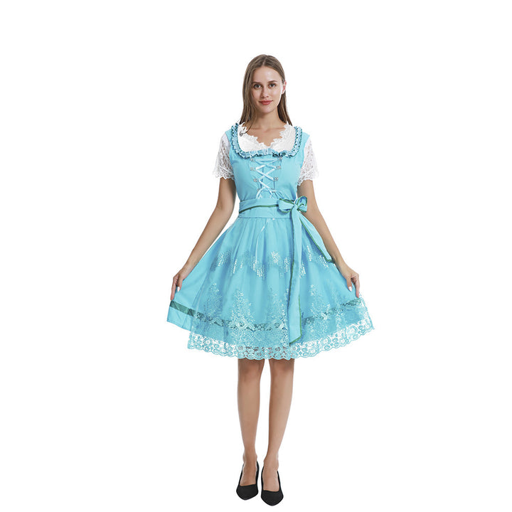 Damen nan romantisches Alpenkleid mit geschnürtem Mieder, Spitzeneinsatz und Taillenschärpe Drune