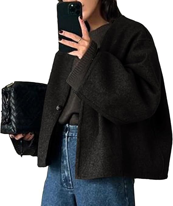 Damen Kurz geschnittene Oversize Wolljacke mit kastigem Schnitt und Ein-Knopf-Verschluss Drune