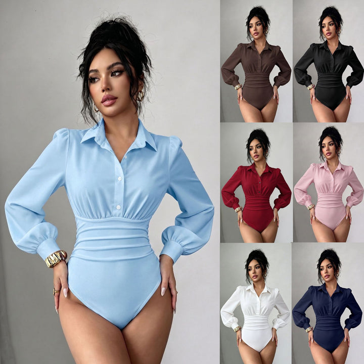 Damen Hemd-Body mit taillierter Raffung und Puffärmeln Drune