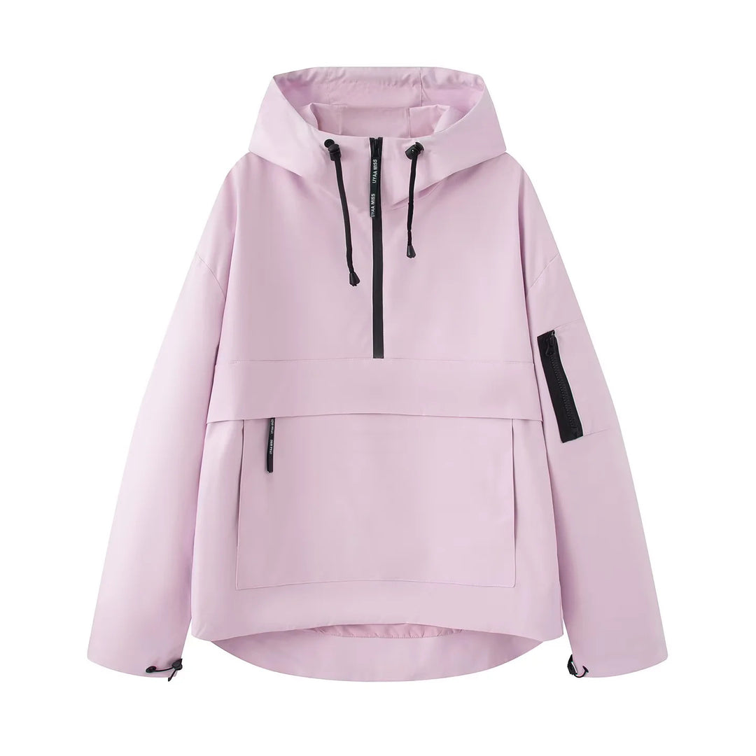 Damen nan winddichte Anorak-Pulloverjacke mit Kapuze, halbem Reißverschluss und großer Kängurutasche Drune