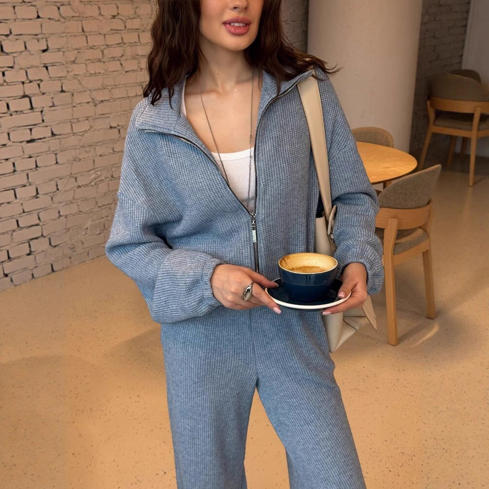 Damen gemütlicher Strick-Jumpsuit mit Reißverschluss, elastischem Taillenbund und weitem Bein Drune