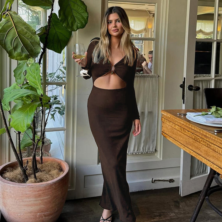 Damen elegantes langes Kleid mit Raffung und tiefem V-Ausschnitt Drune