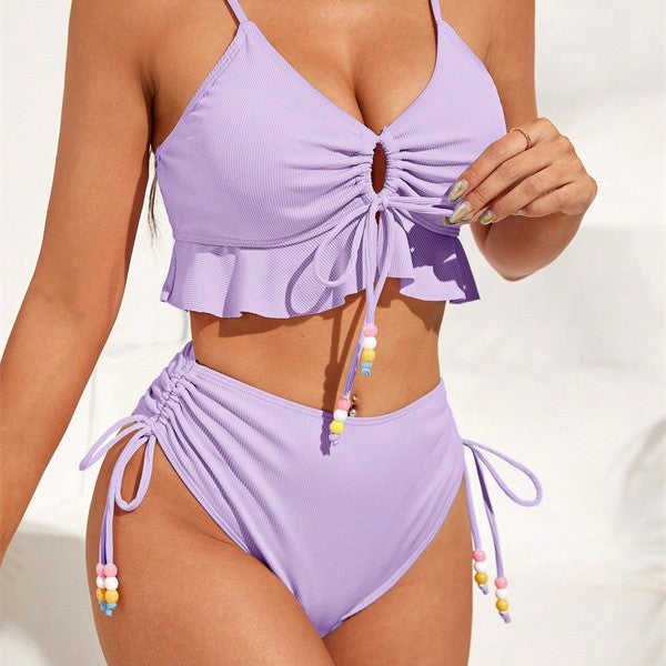 Damen Zweiteiliges Bikiniset mit gerafftem Oberteil und dekorativen Zierbändern Drune