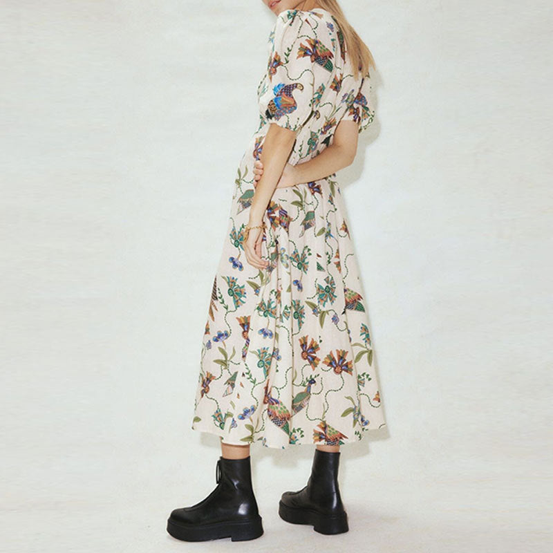 Damen Maxikleid mit kunstvollem Blumenmuster und voluminösen Ärmeln Drune