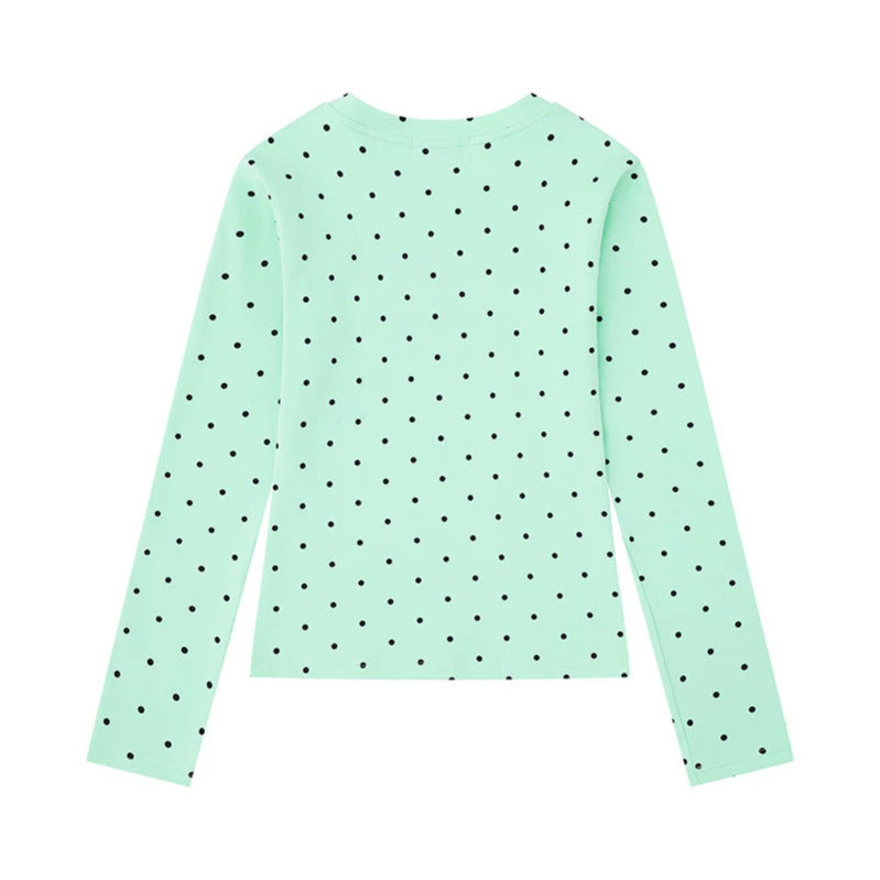 Damen Langarmshirt mit V-Ausschnitt, Polka-Dots und Statement-Print aus Baumwolljersey Drune