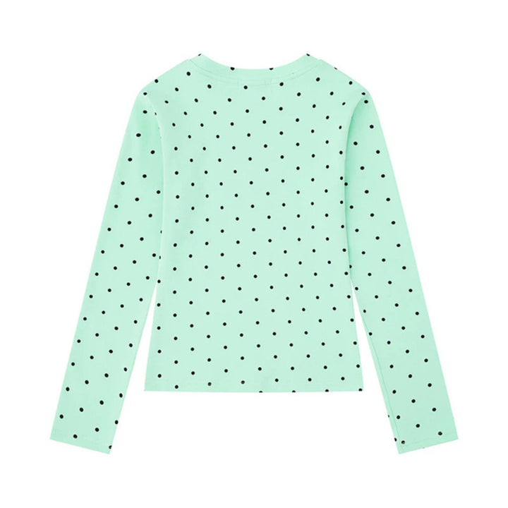 Damen Langarmshirt mit V-Ausschnitt, Polka-Dots und Statement-Print aus Baumwolljersey Drune