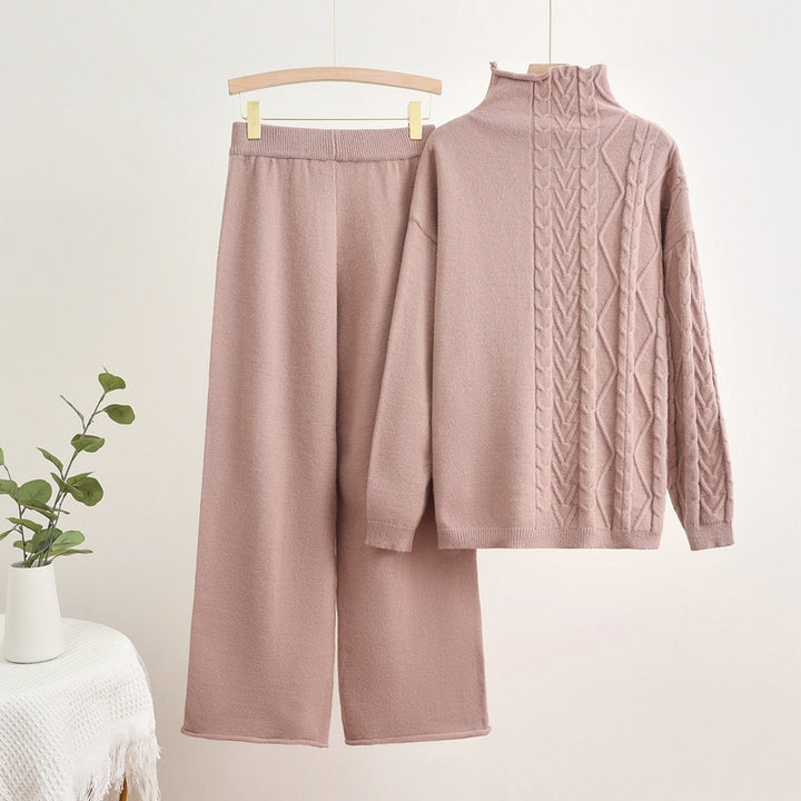Damen gemütliches Strick-Loungewear-Set mit hochgeschlossenem Kragen Drune