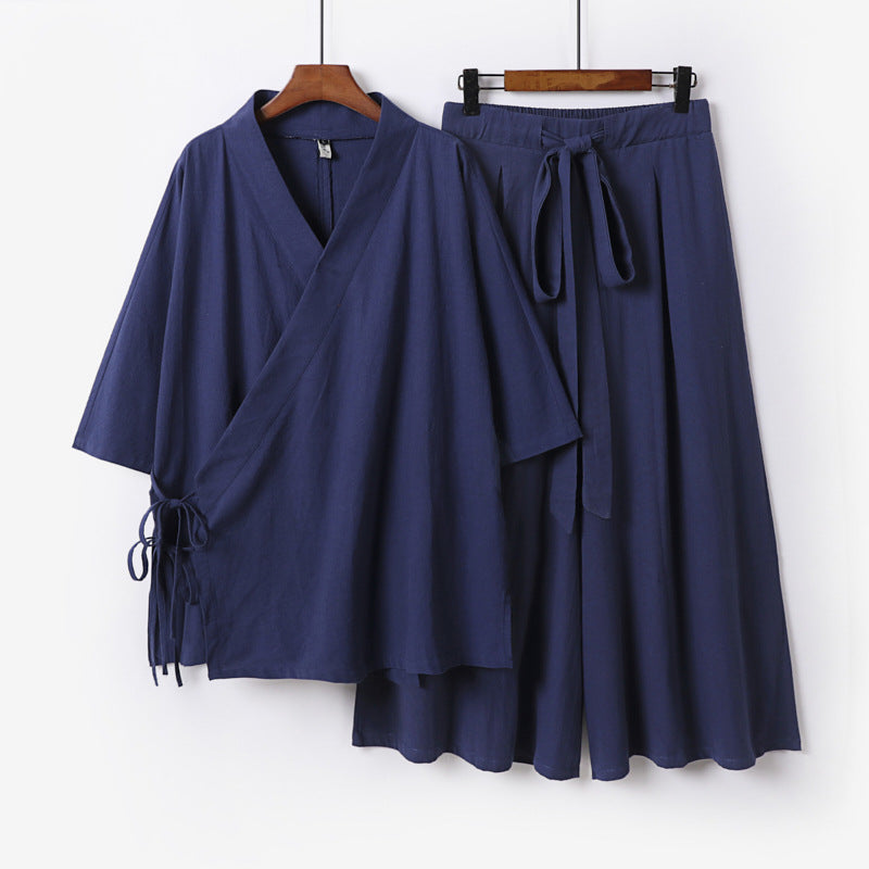 Damen Kimono-Loungewear-Set aus leichter Viskose mit Wickeloberteil und weitem Culotte-Hosenrock Drune