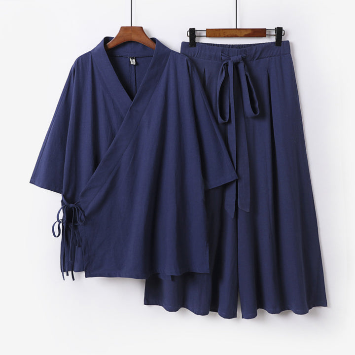 Damen Kimono-Loungewear-Set aus leichter Viskose mit Wickeloberteil und weitem Culotte-Hosenrock Drune